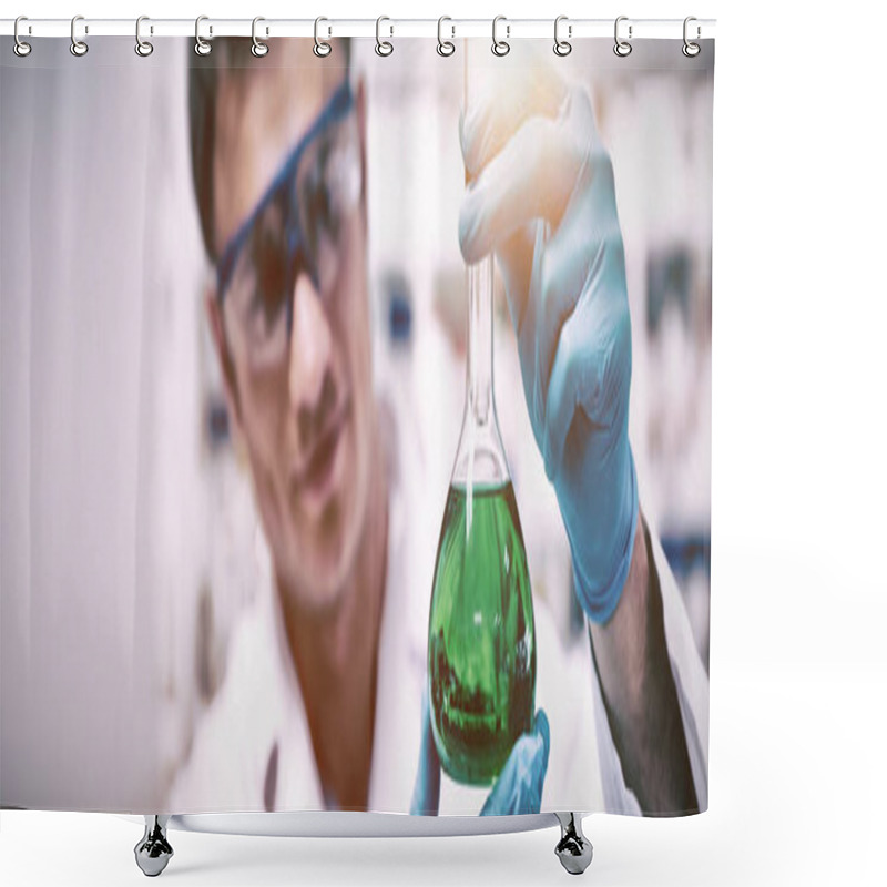 Personality  Chemist Holding Up Beaker Of Green Chemical In The Laboratory Shower Curtains