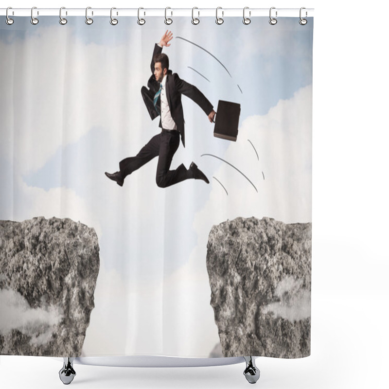 Personality  Funny Business Man Jumping Over Rocks With Gap Shower Curtains