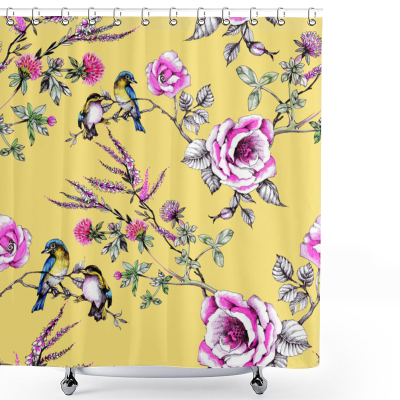 Personality  Birds On The Branches Of Wild Roses Shower Curtains