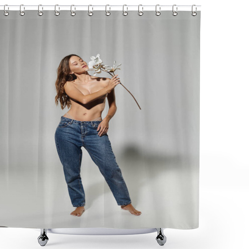 Personality  A Confident Woman Embraces A Floral Beauty In A Stylish Pose. Shower Curtains