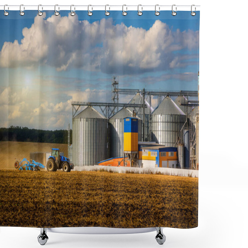 Personality  Agricultural Silos. Storage And Drying Of Grains, Wheat, Corn, Soy, Sunflower Against The Blue Sky With White Clouds.Storage Of The Crop Shower Curtains