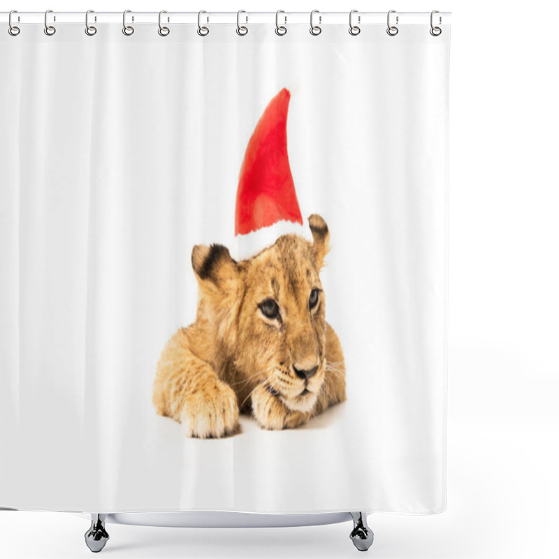 Personality  Cute Lion Cub In Santa Hat Isolated On White Shower Curtains