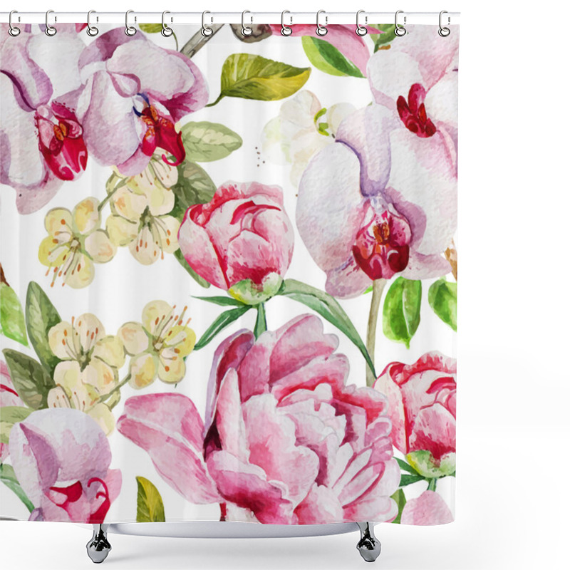 Personality  Pattern With Delicate Peony Flowers And Orchids On A White Background. Shower Curtains