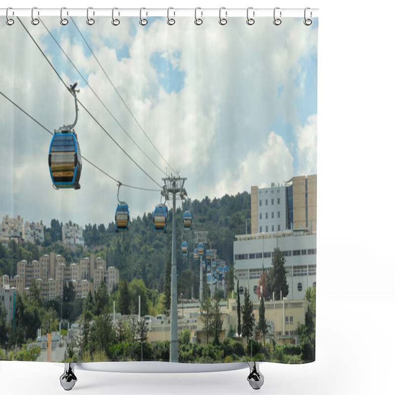 Personality  HAIFA, ISRAEL. April 26, 2021: The New Cable Car In Haifa That Connects The University Of Haifa And The Technion Institute To The Central Transportation Station. Shower Curtains