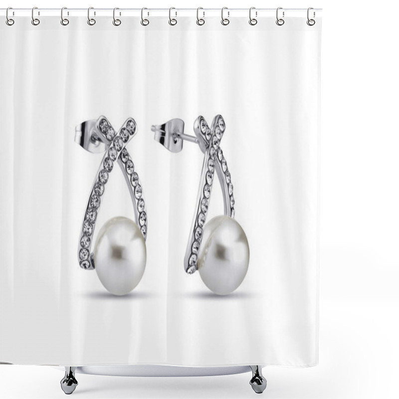 Personality  White Gold Small Earrings With Pearls On White Background Shower Curtains