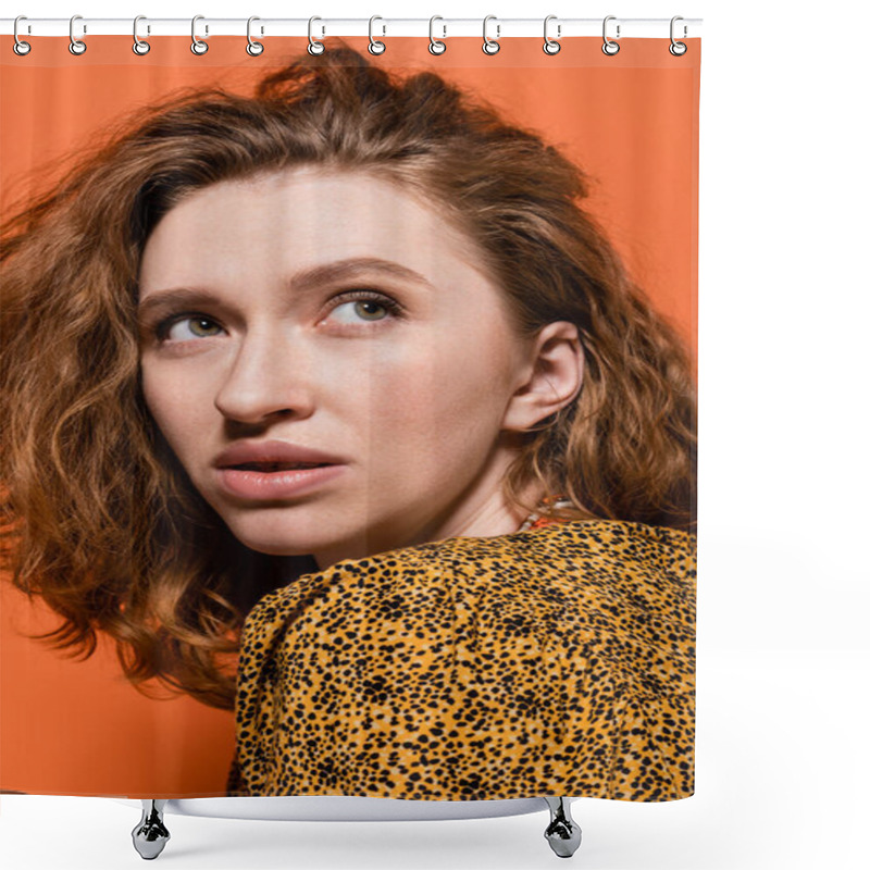 Personality  Portrait Of Young Red Haired Woman With No-makeup Look Wearing Yellow Blouse With Abstract Pattern And Looking Away Isolated On Orange, Stylish Casual Outfit And Summer Vibes Concept, Youth Culture Shower Curtains