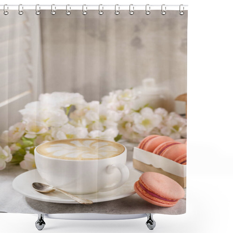 Personality  Coffee And French Macarons For Dessert. Sunny Morning Breakfast. Shower Curtains