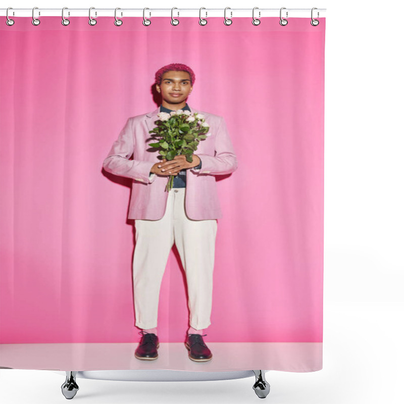 Personality  Good Looking Pink Haired Man Posing With Rose Bouquet On Pink Backdrop And Smiling Cheerfully Shower Curtains