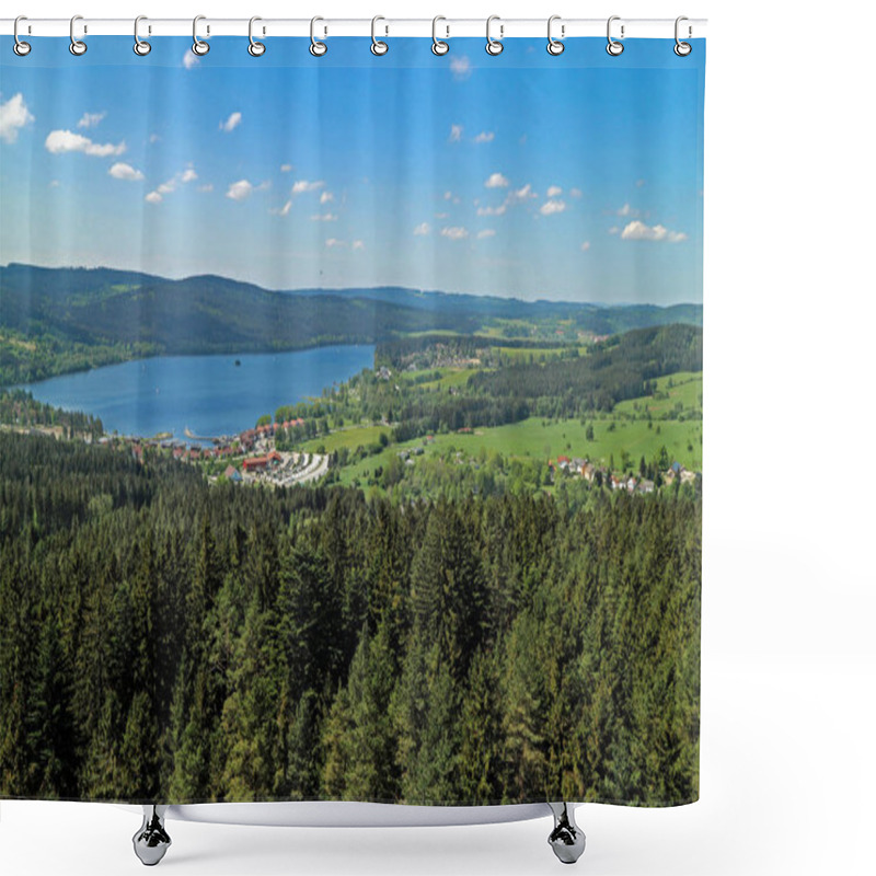 Personality  Panorama From The Lipno Reservoir Of The Vltava River On The Border Of The Czech Republic And Austria With Meadows And Forests. Shower Curtains