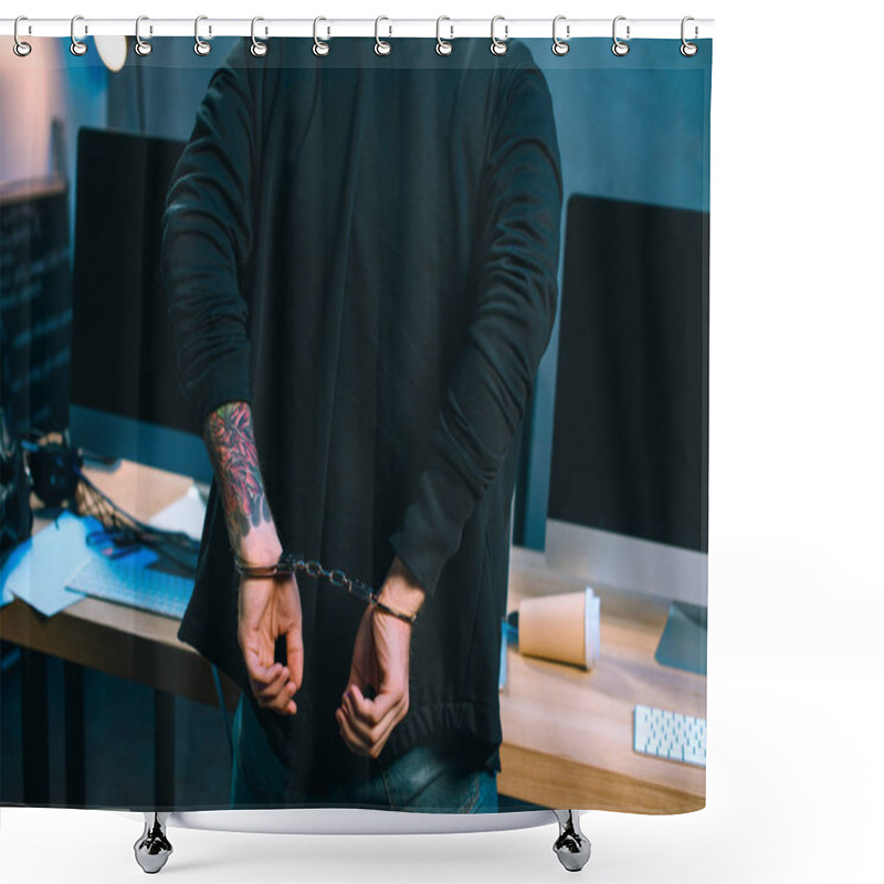 Personality  Cropped Shot Of Handcuffed Hacker In Hoodie In Front Of His Work Desk Shower Curtains