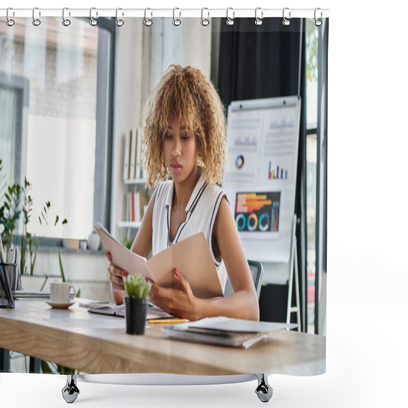 Personality  Focused African American Businesswoman With Curly Hair Perusing Files At Her Desk In Office Shower Curtains