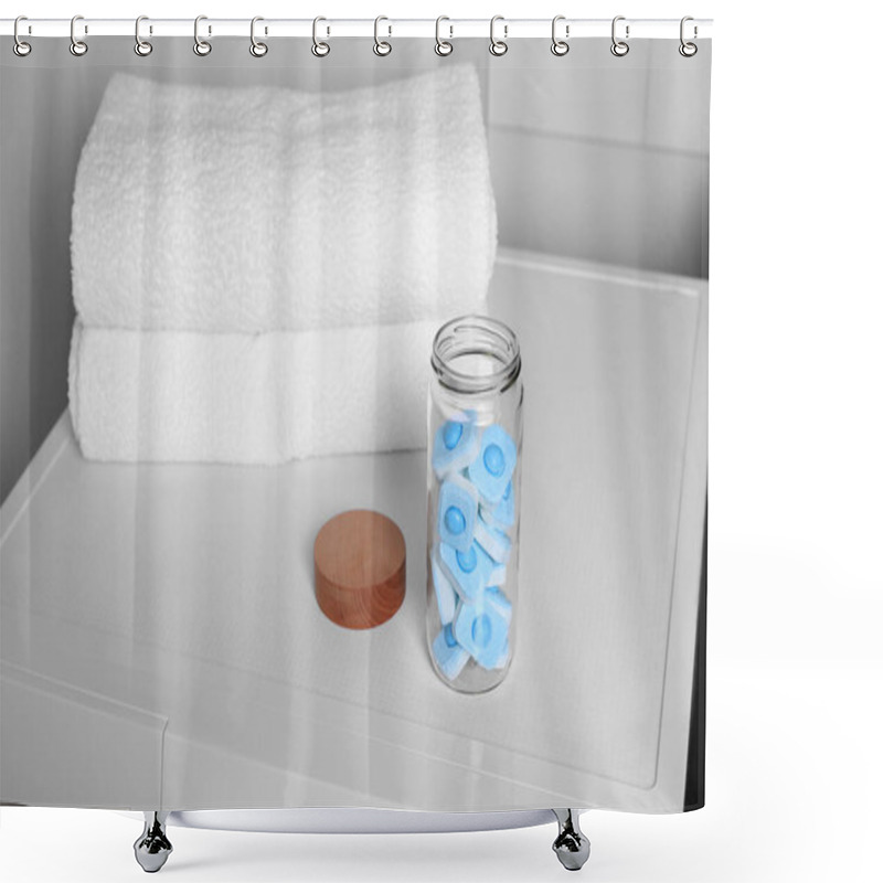 Personality  Glass Jar With Water Softener Tablets On Washing Machine In Bathroom Shower Curtains