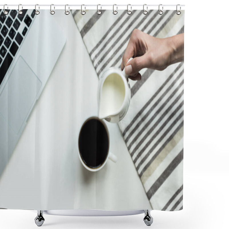 Personality  Pouring Milk Into Cup Of Black Coffee  Shower Curtains