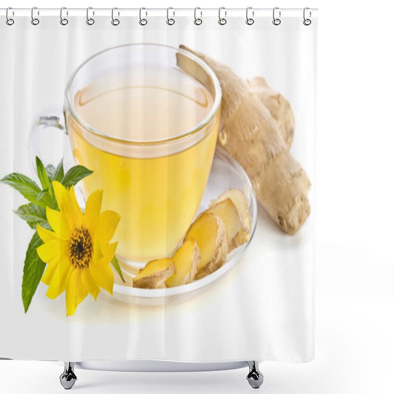 Personality  Cup Of Tea With  Ginger Slices And  Echinacea Flower Near Isolat Shower Curtains