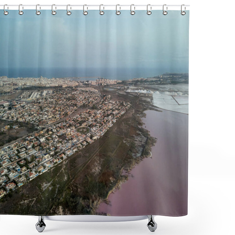 Personality  Panoramic Aerial View Of Torrevieja Cityscape And Las Salinas, Pink Lake At Sunset, Evening Light. Residential Houses Roofs, Townscape And Mediterranean Sea, Coastal City. Costa Blanca. Province Of Alicante. Spain Shower Curtains