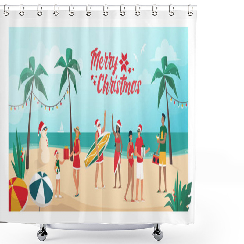 Personality  People Celebrating Christmas On Summer In The Southern Emisphere, They Are Partying On The Beach And Exchanging Gifts Shower Curtains