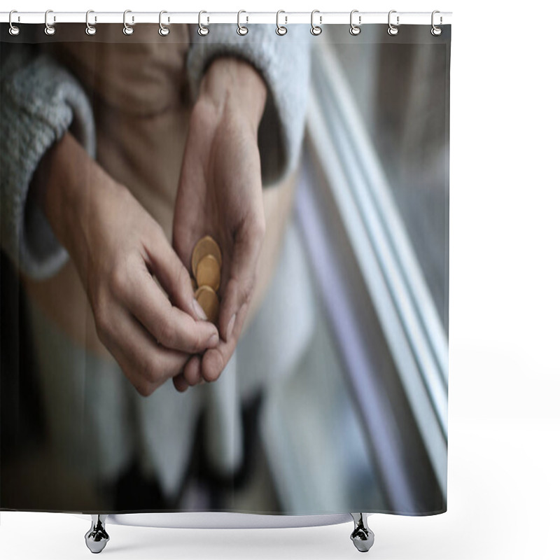 Personality  Poor Woman Holding Coins, Closeup Shower Curtains