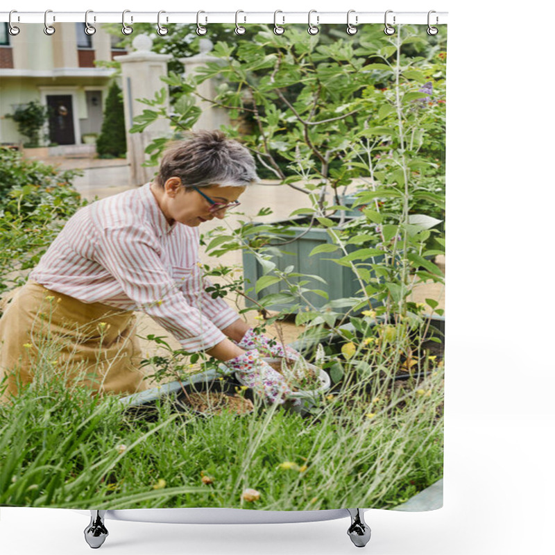 Personality  Attractive Happy Mature Woman With Glasses Working In Her Vivid Green Garden And Smiling Joyfully Shower Curtains