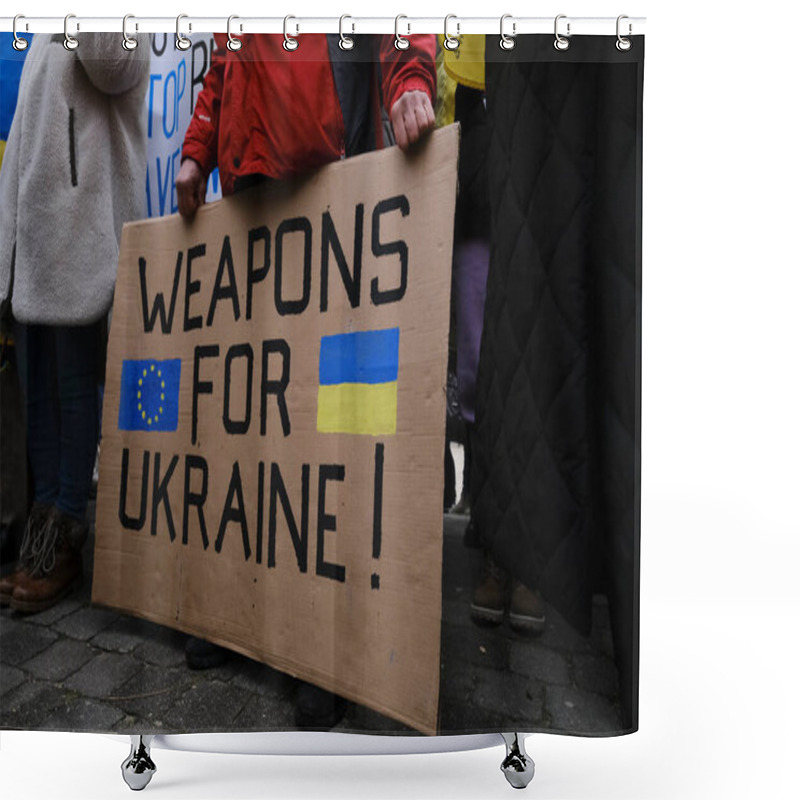 Personality  Protestors Hold Signs And Wave Ukrainian Flags During A Demonstration In Support Of Ukraine Outside Of An EU Headquarters In Brussels, Belgium , Jan. 23, 2023.  Shower Curtains