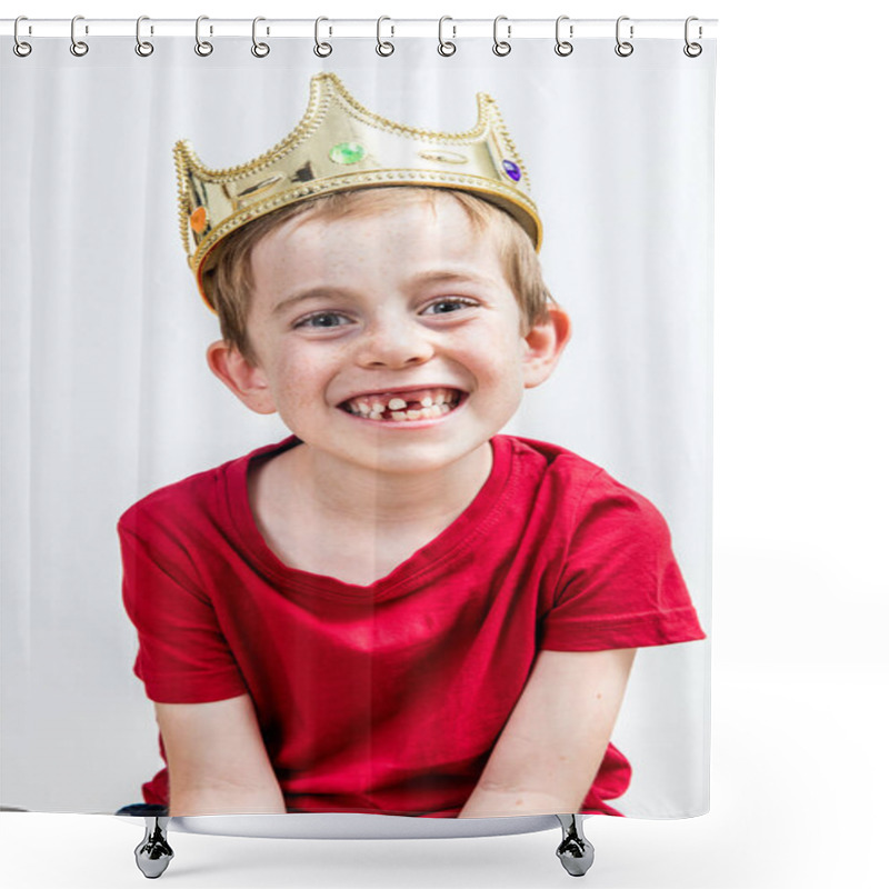 Personality  Smiling Beautiful Boy With Golden Crown And Missing Tooth Posing Shower Curtains