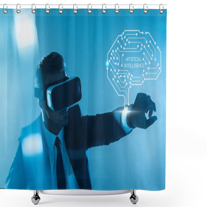 Personality  Businessman In Virtual Reality Headset With Brain Isolated On Blue, Artificial Intelligence Concept Shower Curtains