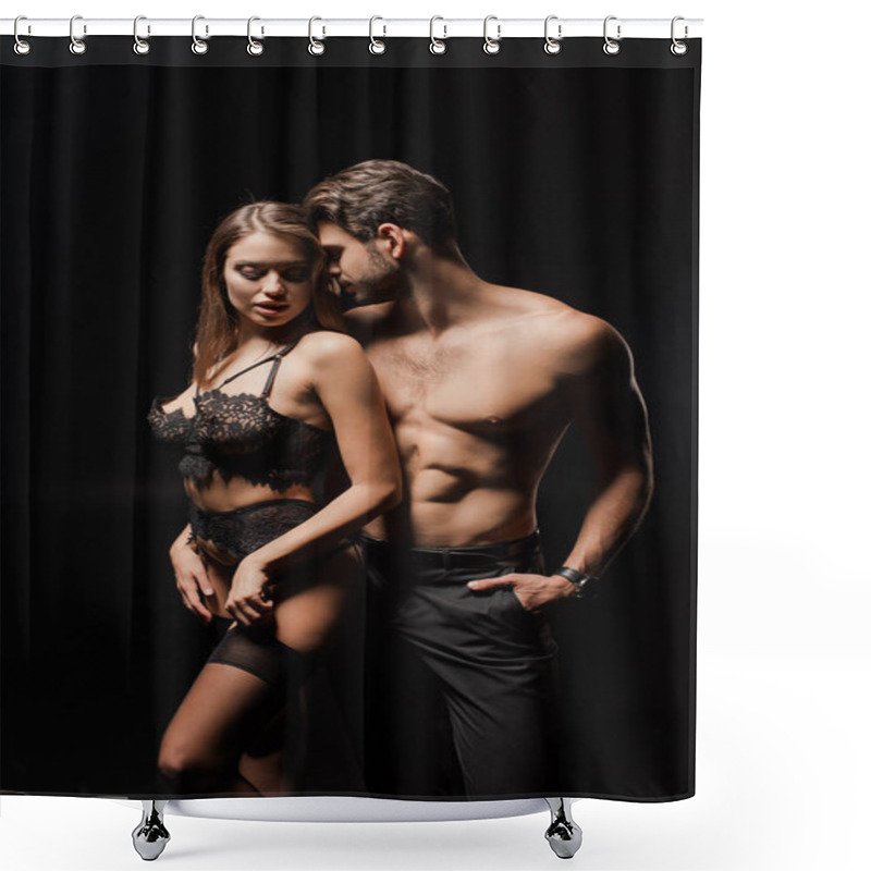 Personality  Handsome Man Standing With Hand In Pocket Near Seductive Girl On Black  Shower Curtains