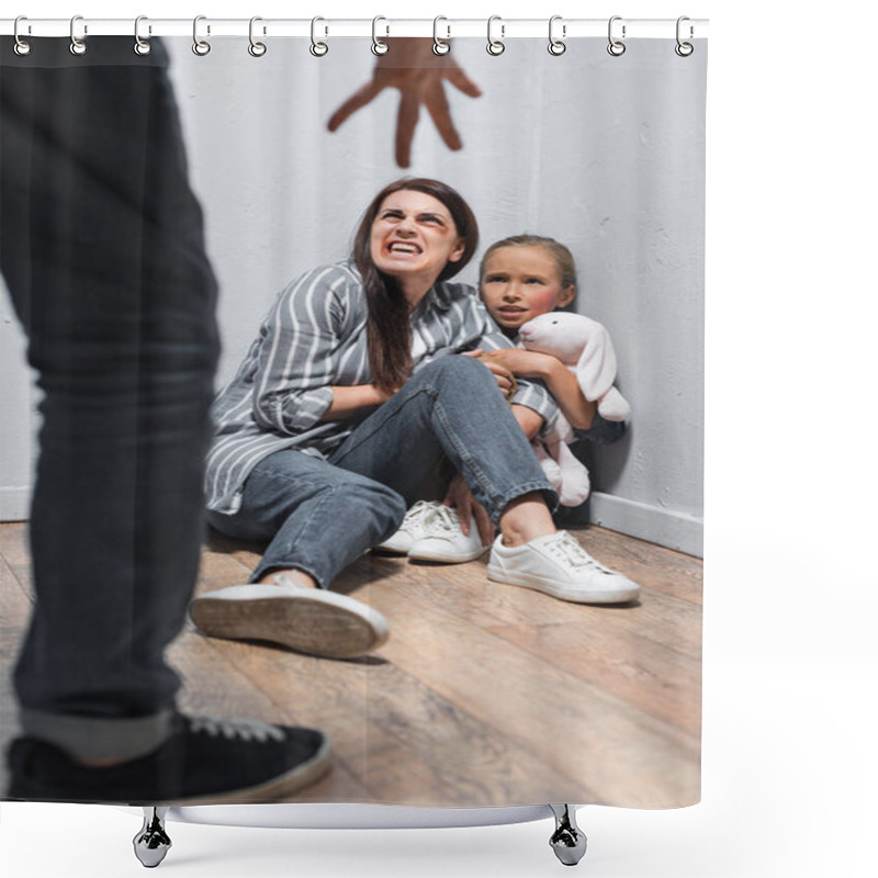 Personality  Screaming Woman With Bruises And Kid With Soft Toy Looking At Abusive Father On Blurred Foreground  Shower Curtains