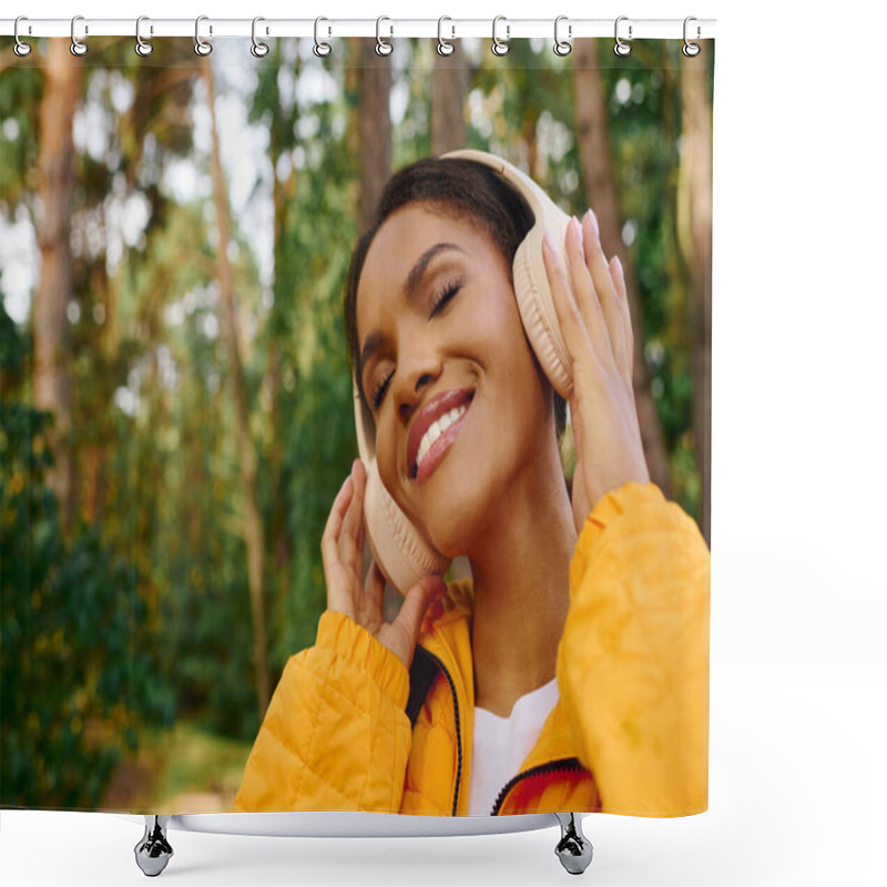 Personality  A Young Woman Smiles Joyfully In A Vibrant Forest, Embracing The Autumn Air While Listening To Music. Shower Curtains