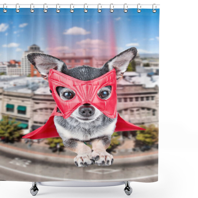 Personality  Cute Chihuahua In A Super Hero Costume Flying Through The Sky Shower Curtains