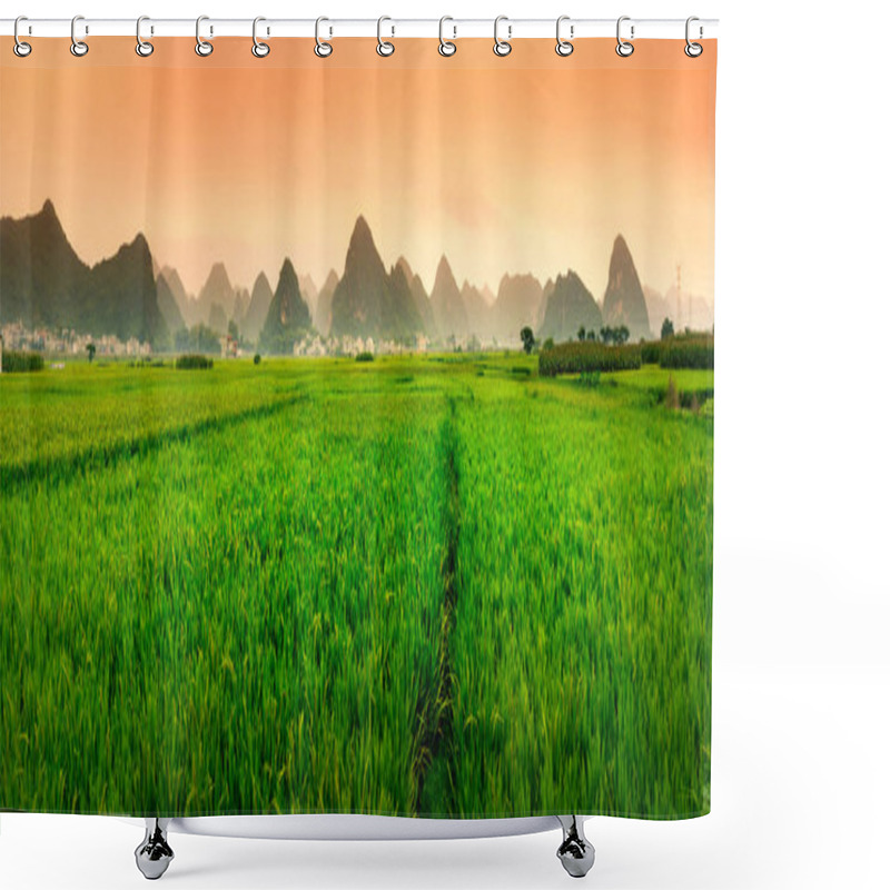 Personality  Chinese Rice Field Sunset With Karst Formations Shower Curtains