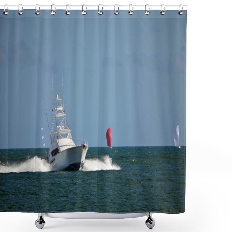 Personality  Sport Fishing Boat Speeding Back To Port Shower Curtains