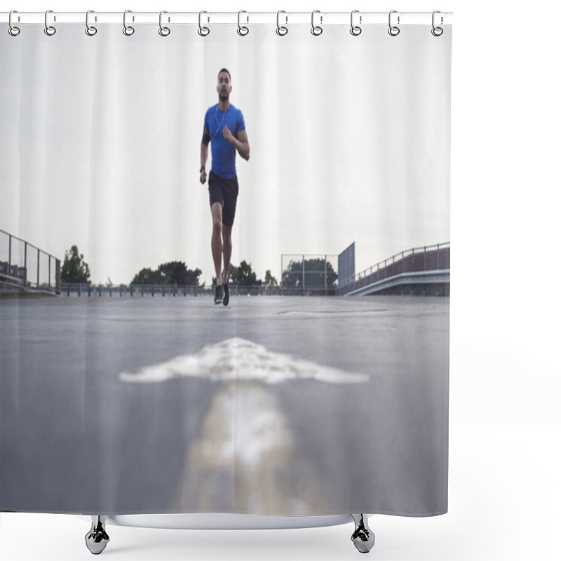 Personality  Male Athlete Running On A Road Towards Camera, Full Length Shower Curtains