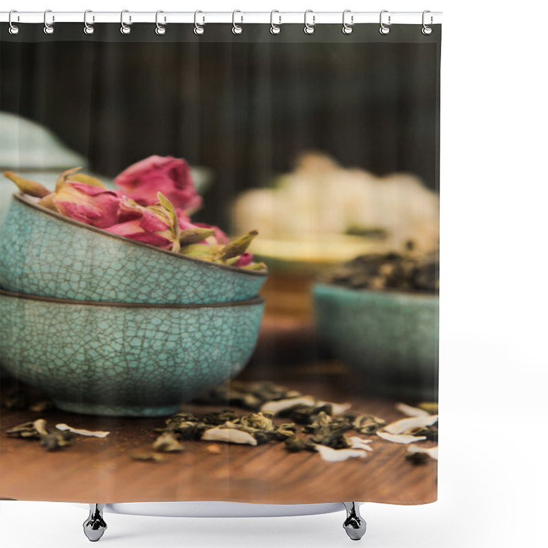 Personality  Chinese Tea Set With Blue Blossoms Of Roses, And Green, With Hon Shower Curtains