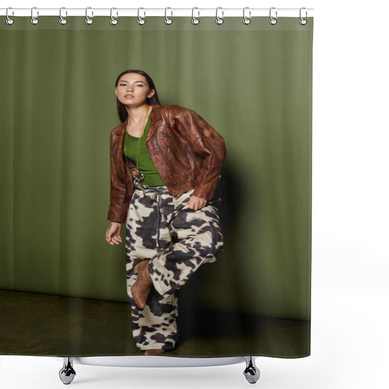 Personality  Brunette Woman Showcases Her Fashion Sense With Leather Jacket And Trendy Pants In A Chic Setting. Shower Curtains