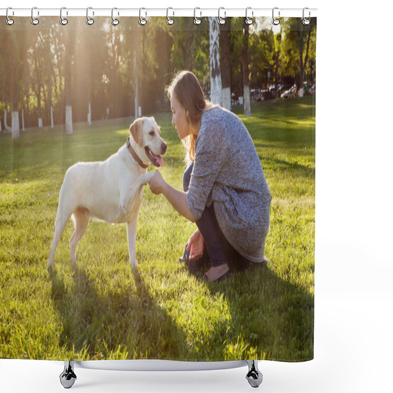 Personality  Beautiful Woman Playing With Her Dog. Shower Curtains