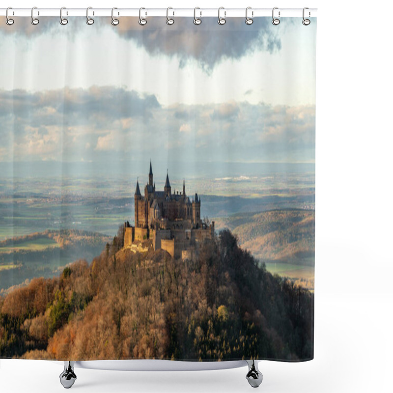 Personality  Experience The Stunning Beauty Of Hohenzollern Castle Surrounded By Vibrant Autumn Foliage In Germany. A Perfect Shot For Travel Enthusiasts. Shower Curtains