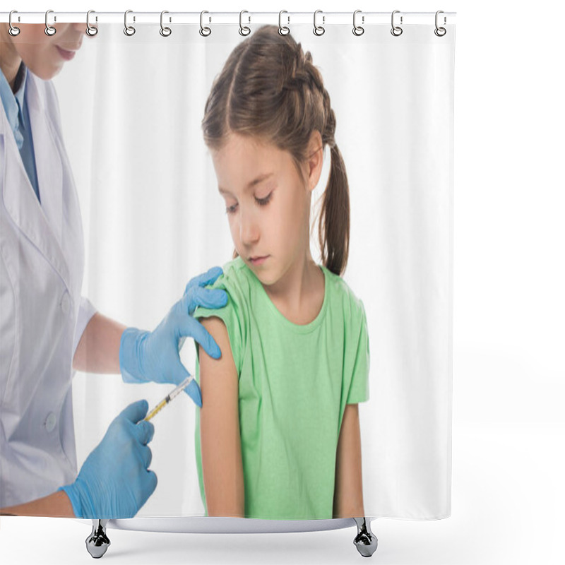 Personality  Female Pediatrician Doing Vaccine Injection To Child Isolated On White Shower Curtains