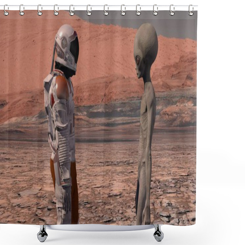 Personality  Astronaut Meets A Martian On Mars. First Contact. Alien On Mars. Exploring Mission To Mars. Colonization And Space Exploration Concept. 3d Rendering. Elements Of This Video Furnished By NASA Shower Curtains