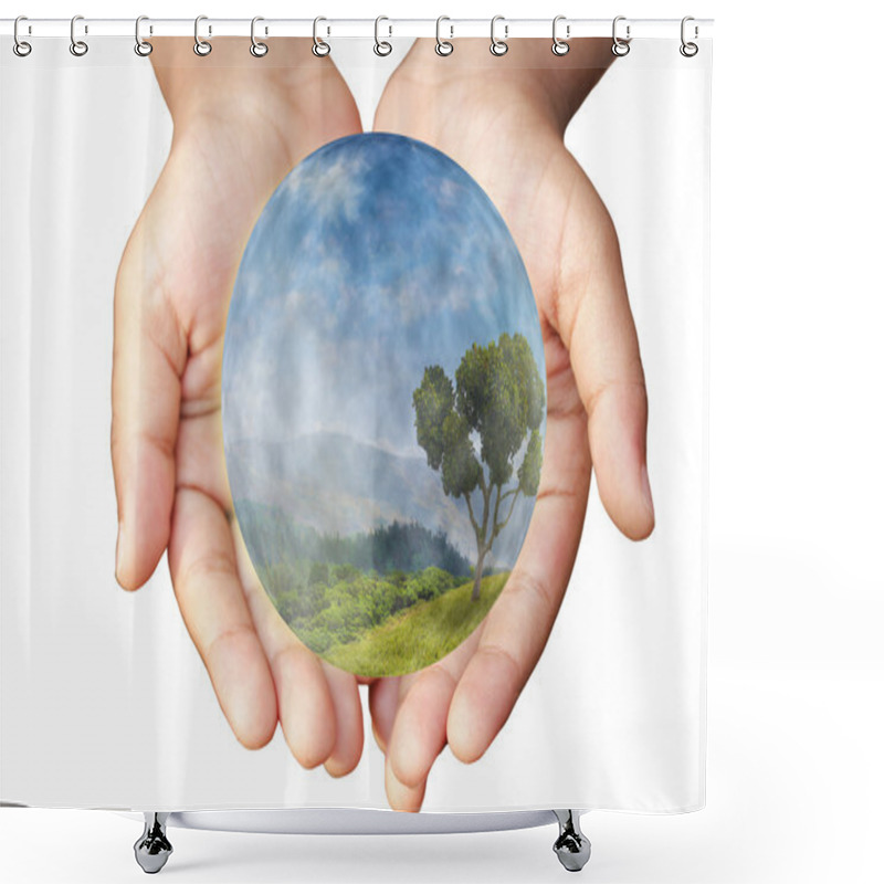 Personality  Hands And Earth. Concept Of Environmental Protection. Shower Curtains