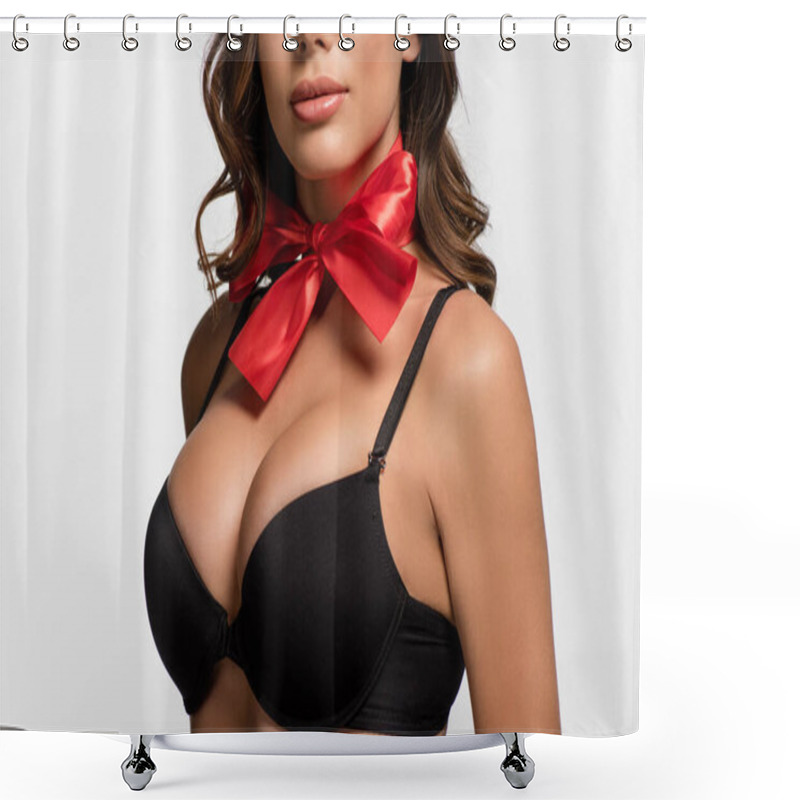 Personality  Partial View Of Sexy Girl With Big Breasts And Red Bow On Neck Posing Isolated On White Shower Curtains