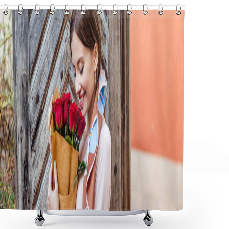 Personality  Happy Girl Holding Bouquet Of Red Roses While Standing Near Old Wooden Door Shower Curtains