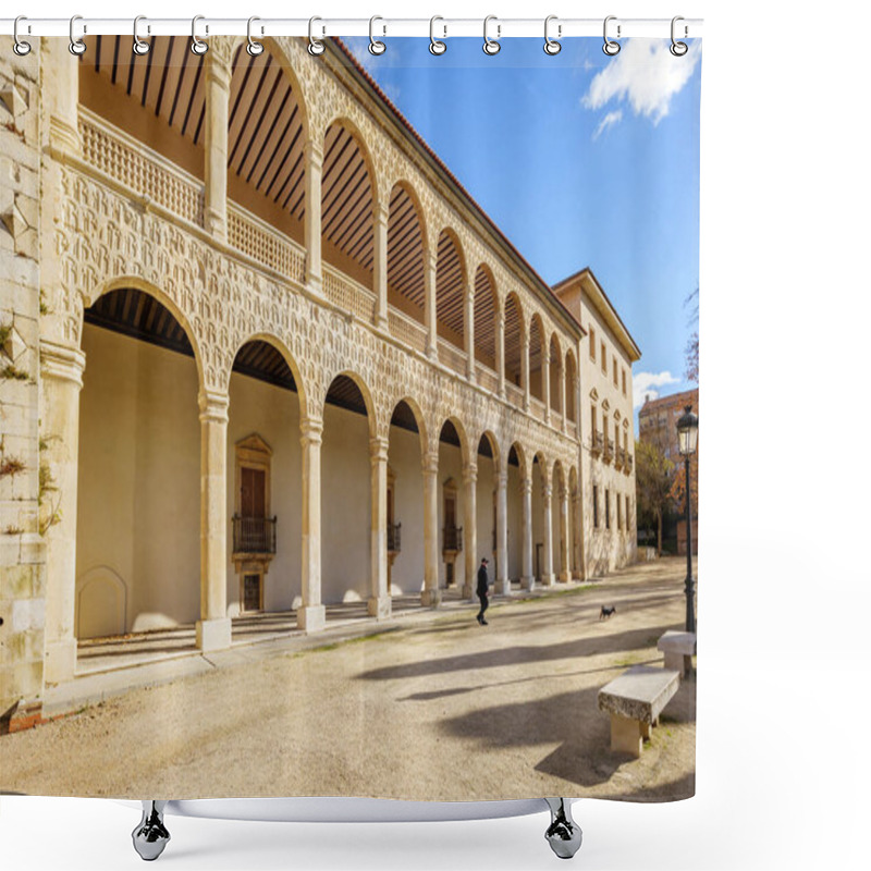 Personality  Guadalajara, Spain - December 10, 2024. The Gallery On The West Facade Of El Infantado Palace, With A Double Series Of Semicircular Arches Over Elliptical Pillars. Castilla La Mancha, Guadalajara, Spain. Shower Curtains