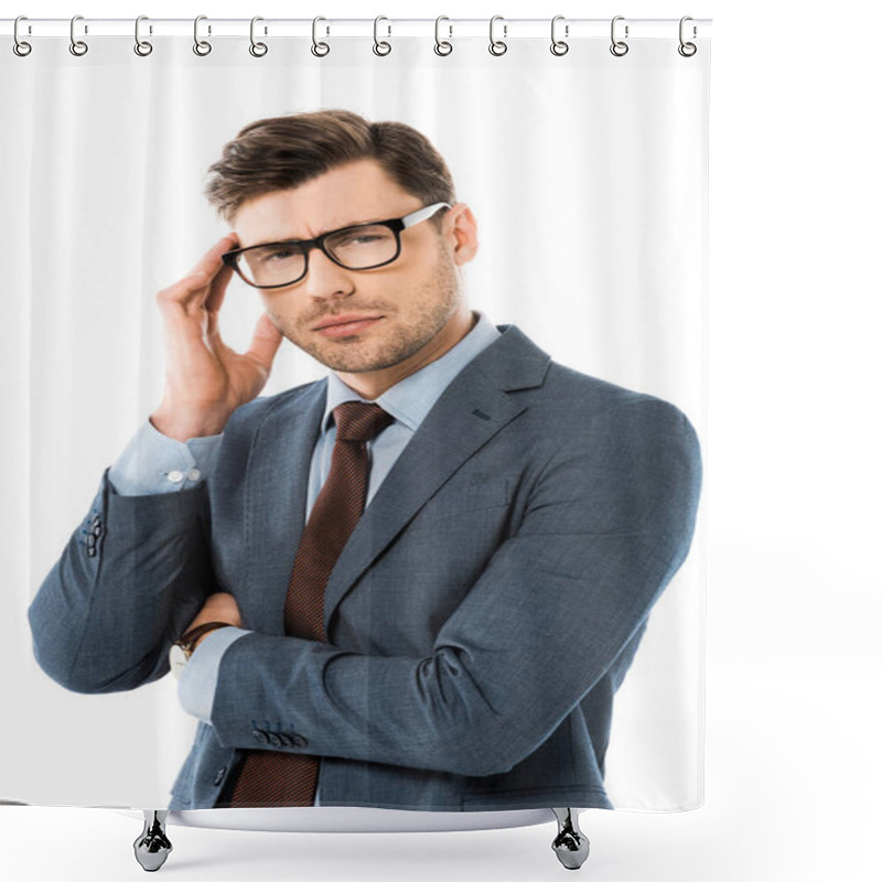 Personality  Tired Thoughtful Businessman Touching Head Isolated On White  Shower Curtains