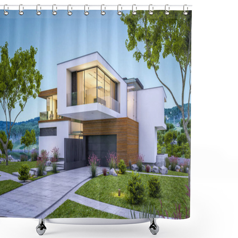 Personality  3d Rendering Of Modern Cozy House By The River With Garage For Sale Or Rent With Beautiful Mountains On Background. Clear Summer Evening With Blue Sky. Cozy Warm Light From Window. Shower Curtains