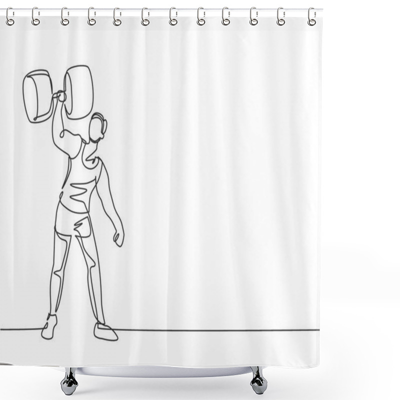 Personality  Single Continuous Line Drawing Strong People Lift Large Dumbbells With Only One Hand. Stunt Performers Who Really Amazed The Circus Audience. Dynamic One Line Draw Graphic Design Vector Illustration Shower Curtains