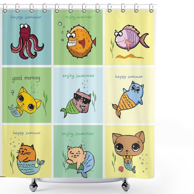 Personality  Cute Cat Mermaid, Vector Doodle Illustration Cards For Kids Shower Curtains