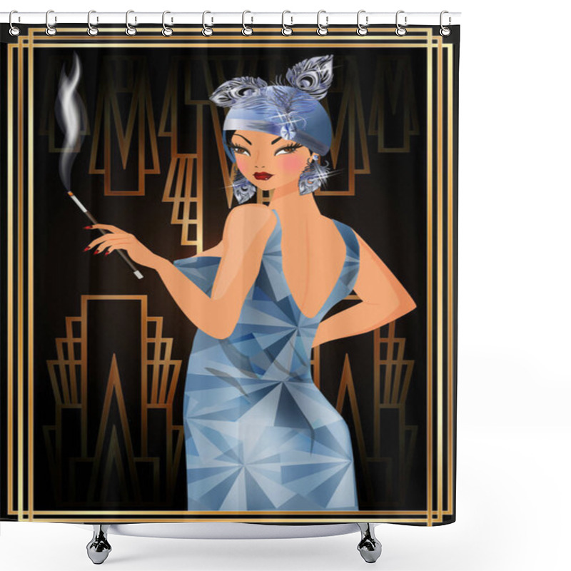 Personality  Flapper Woman With Cigarette Holder In Style Art Deco, Vector Illustration Shower Curtains