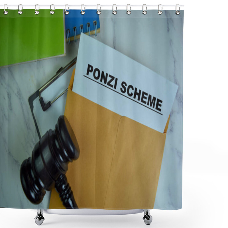 Personality  Ponzi Scheme Text On Document Above Brown Envelope. Shower Curtains