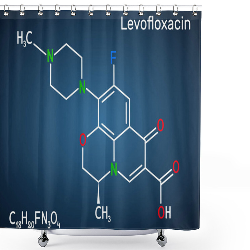 Personality  Levofloxacin, Fluoroquinolone Antibiotic Molecule. It Is Used To Treat Bacterial Sinusitis, Pneumonia. Structural Chemical Formula On The Dark Blue Background. Vector Illustration Shower Curtains