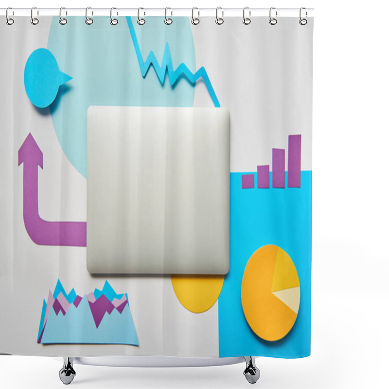 Personality  Top View Of Closed Laptop With Paper Chart And Graphs, Pointer On White Background Shower Curtains